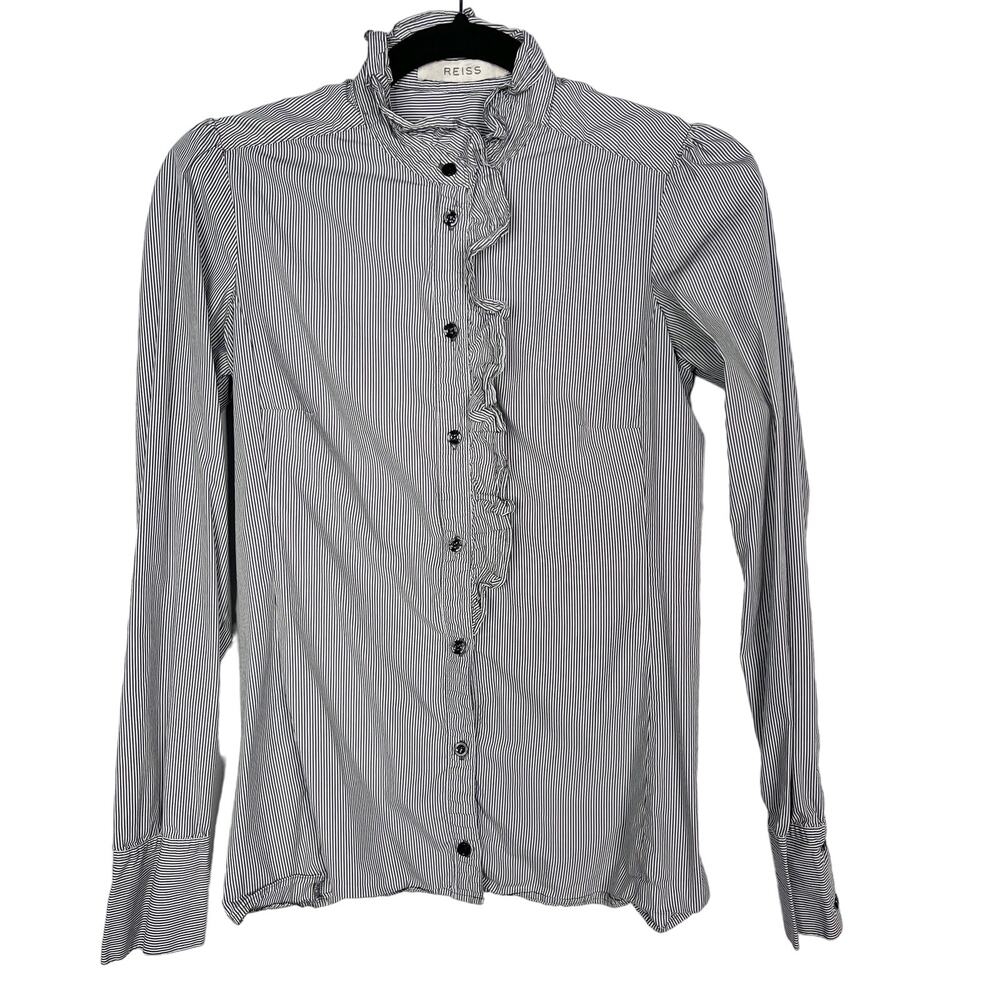 Reiss US 2 Black White Pinstripe Ruffle Mock Neck Long Sleeve Blouse Top Cotton